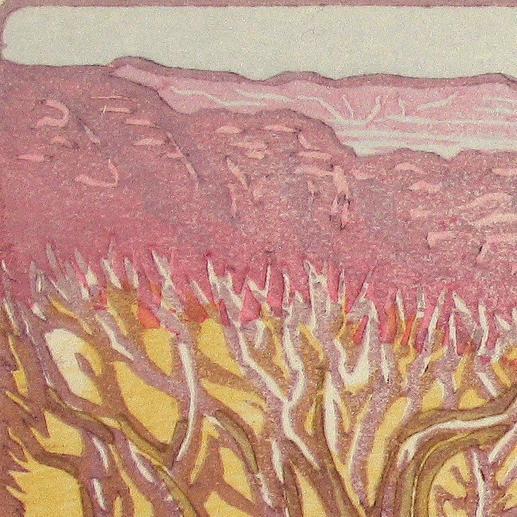 Color Woodblock Print Valley of Fire I Southwest Desert Lake Landscape