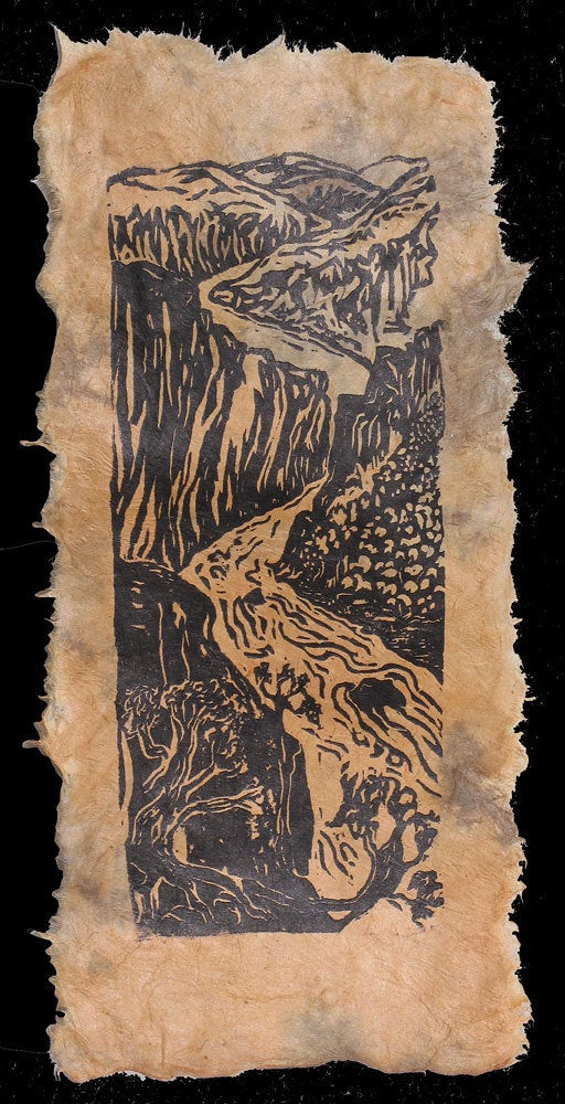 Original Woodcut Print Grand Canyon South Rim Colorado River View Landscape on Lotka Nepalese Paper