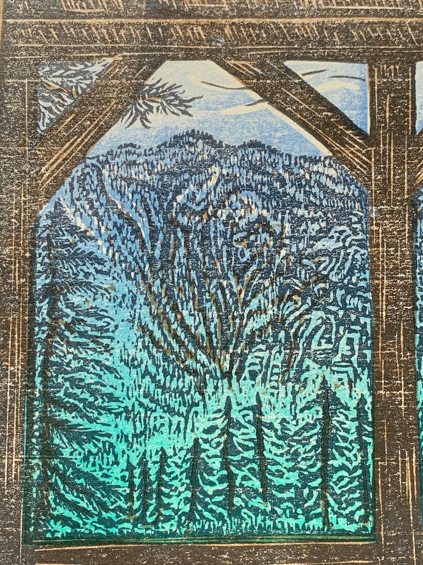 Three Peak View color woodcut, mountain cabin porch relaxing view pines and peaks