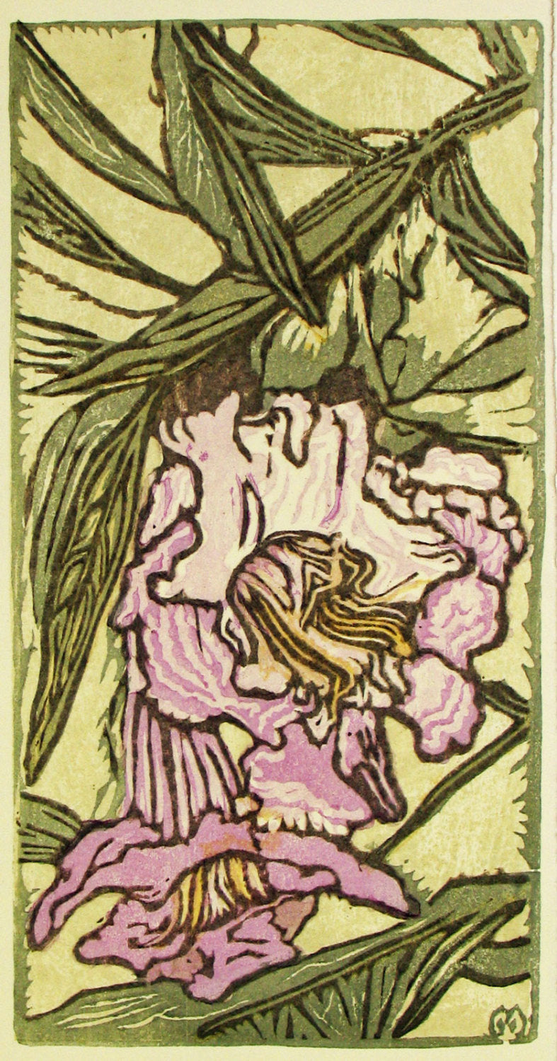 Original Japanese Woodblock Print Color Flower Woman Drunken Bee In Willow Bloom