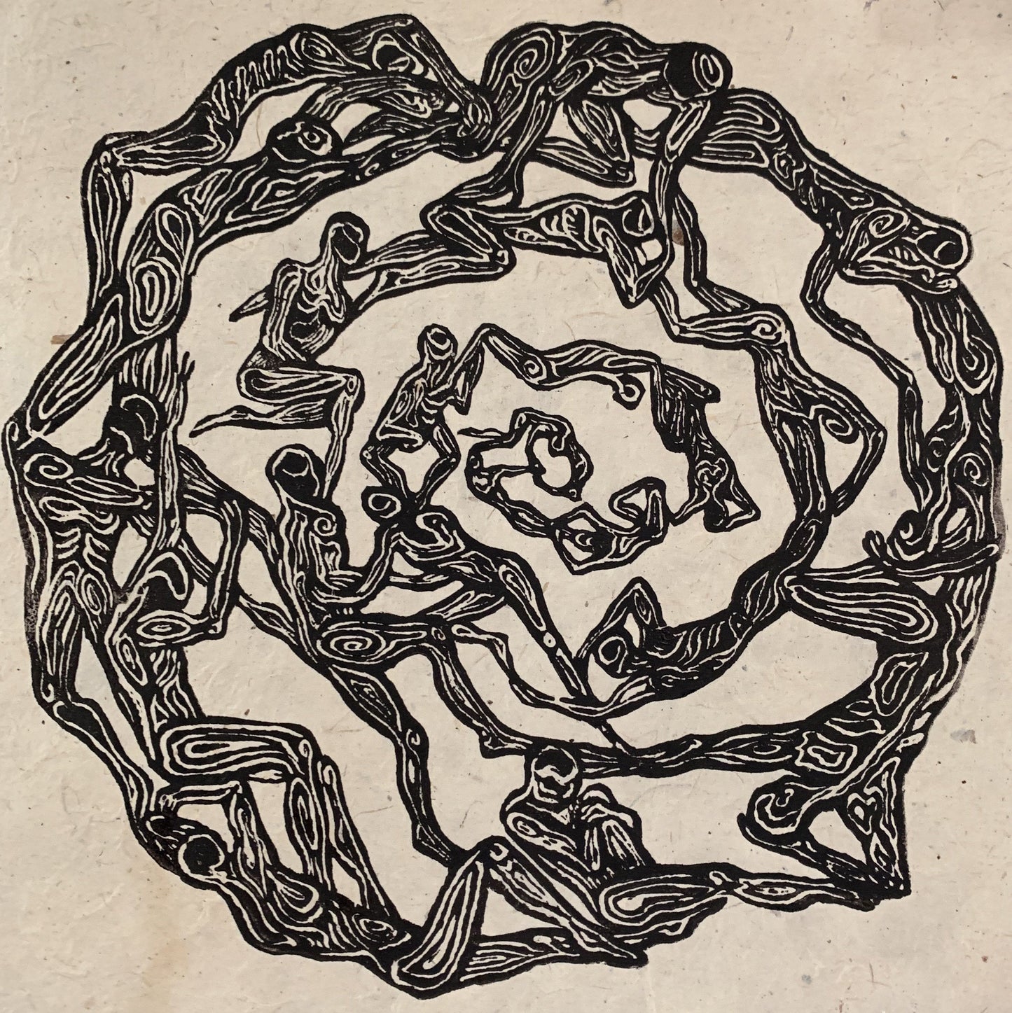 Original Woodcut Fragile print on handmade paper Daphne mandala of connected figures 10x10 inches