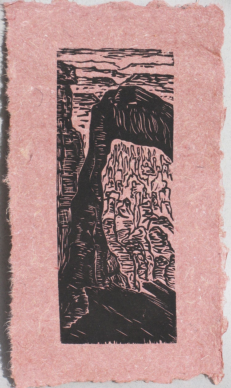 Original Woodcut Print Through the Portal Bryce Canyon National Park Rock Arches on Clay and Fiber Handmade Paper