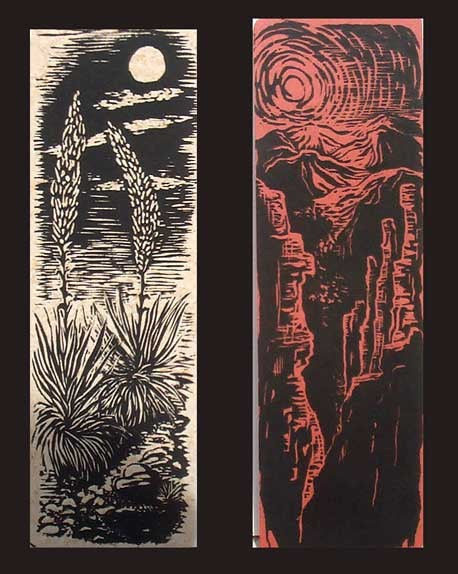 Woodcut Prints Agaves & Red Cliffs Set of 2 Southwest Landscape Woodblock on Handmade Paper