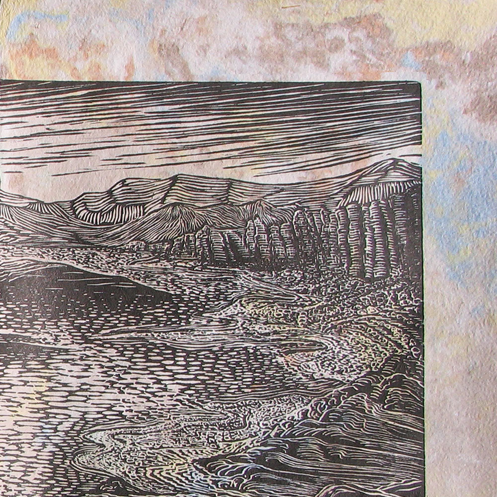Woodcut Print Southwest Mojave Desert Landscape Classic WoodblockLake Mead View on Handmade Paper