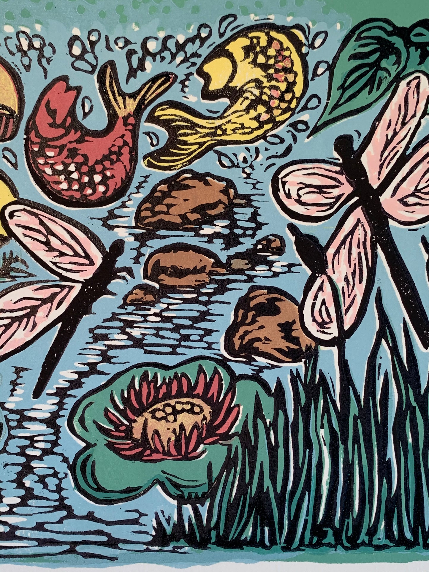 Bright Color Original Woodcut About the Pond Child Art Frog Fish Dragonfly