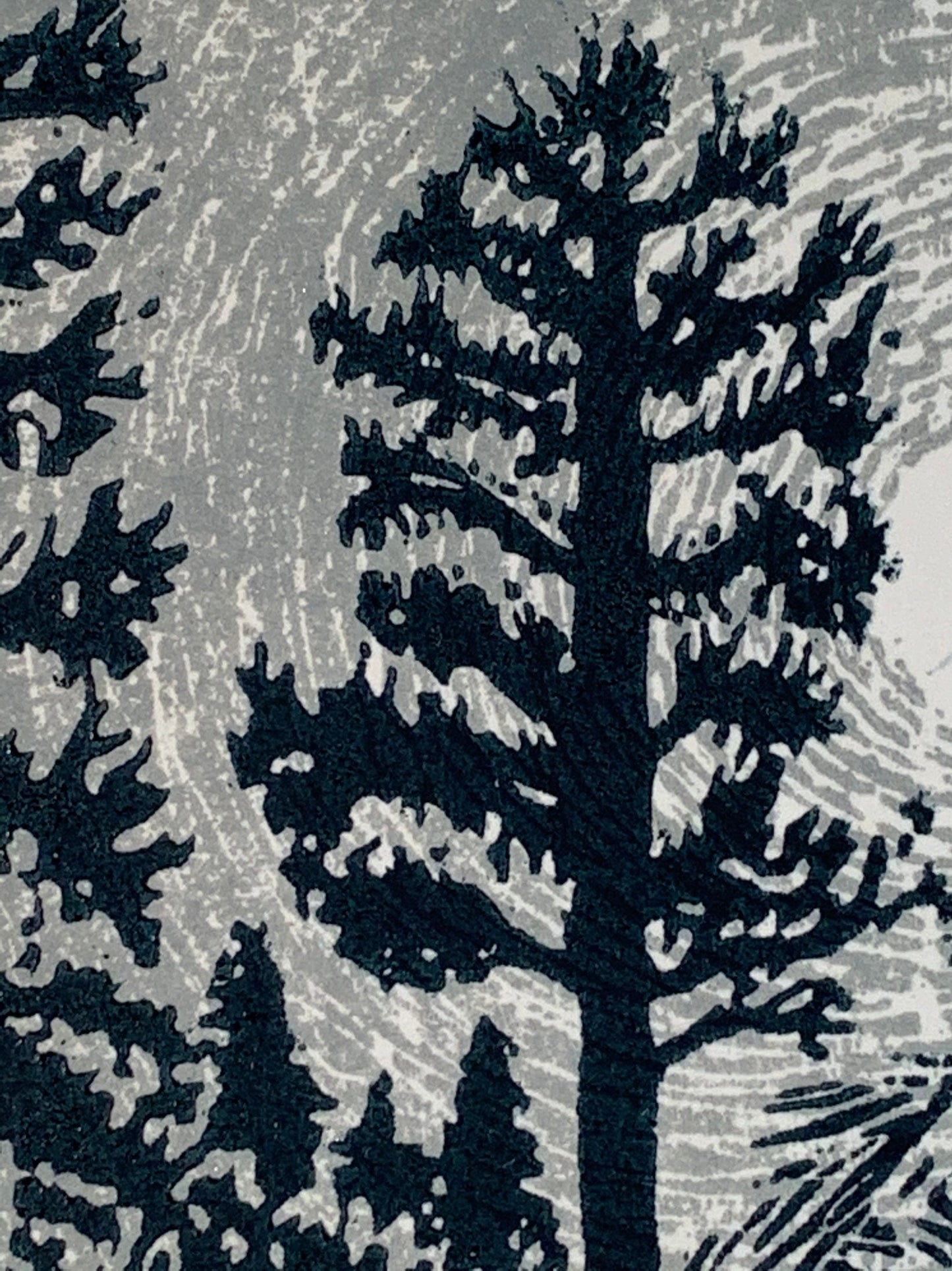 Original Woodcut Print Night Pine Trees Silver Moon Light All is Bright