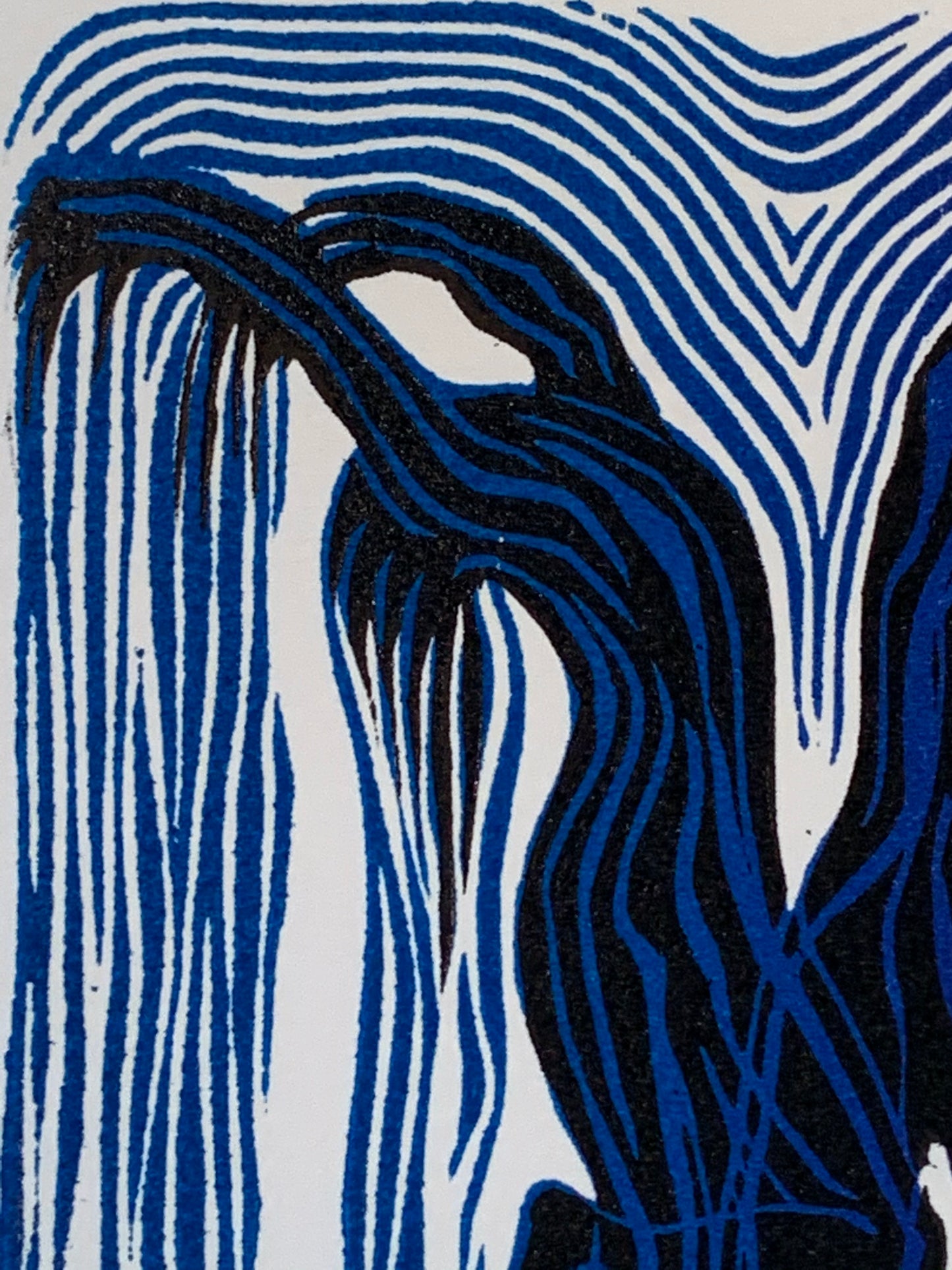 Woodcut Print Original Color Child Art Blue Rain Dance