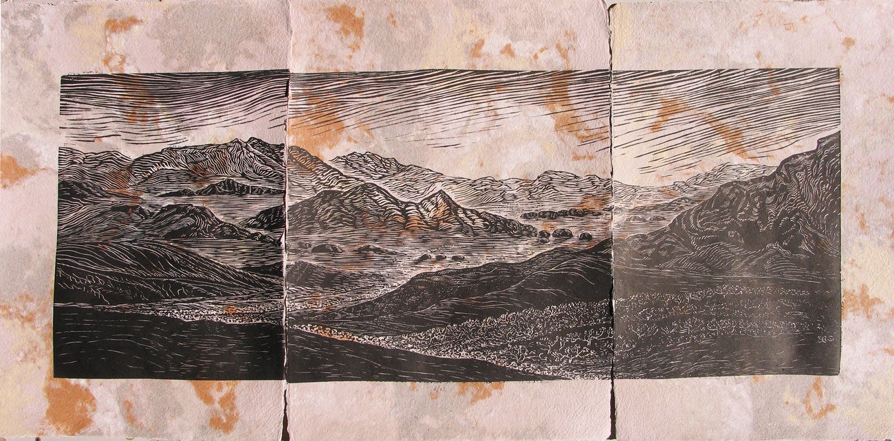 Original Print Desert Landscape Walk With Me Southwest Woodcut Triptych HM paper