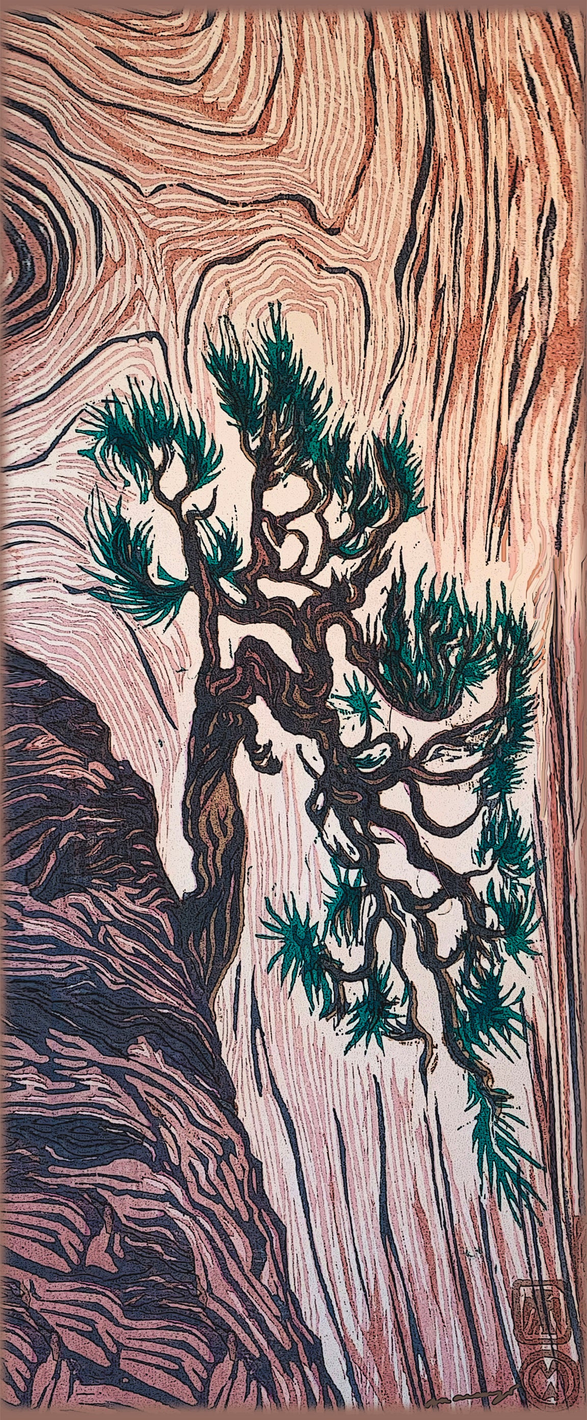 Cliff Hanger ART CARD Canyon Pine Tree Japanese Woodcut Color