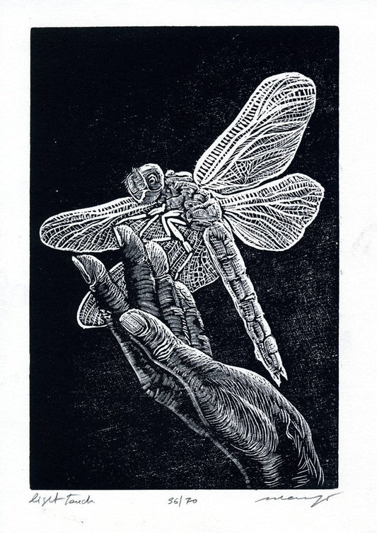 Original Print Wood Engraving Woodcut Dragonfly Hand Small Wall Art Light Touch