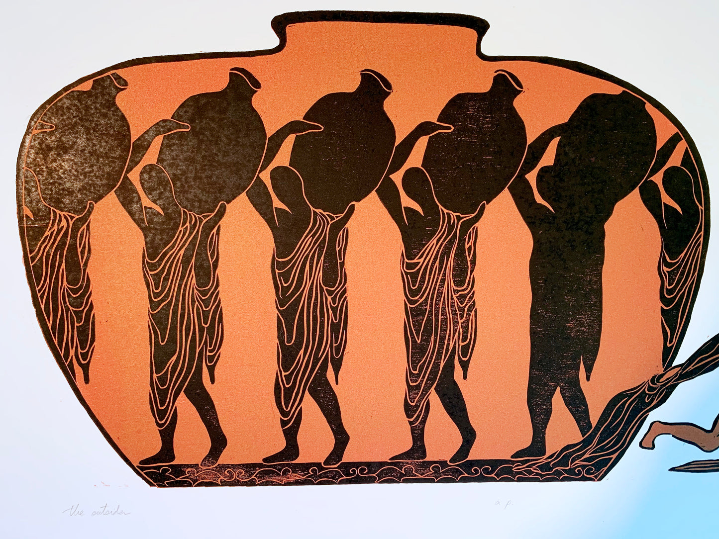 Original Woodcut Print Outsider Copper Vessel Greek Vase Figures Rebel Male