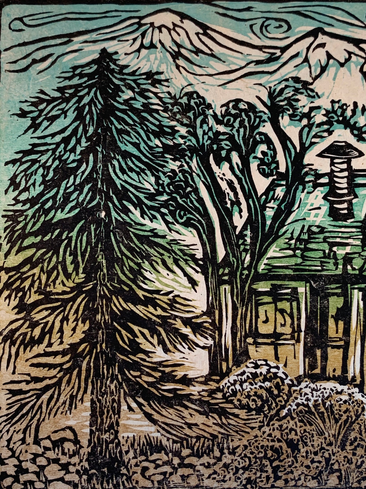 Original Limited Edition Old Cabin Color Woodcut Mountain Cabin Wood Pines