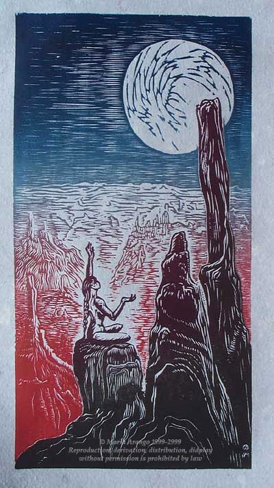 Original Color Woodcut Print Art Blue Moon Woman Yoga Desert Southwest Landscape