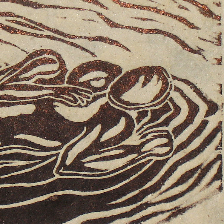 Original Woodcut Couple Reclined Classic Love Sweet Pose Surreal Earth Figures Deckled Edge Handmade Paper