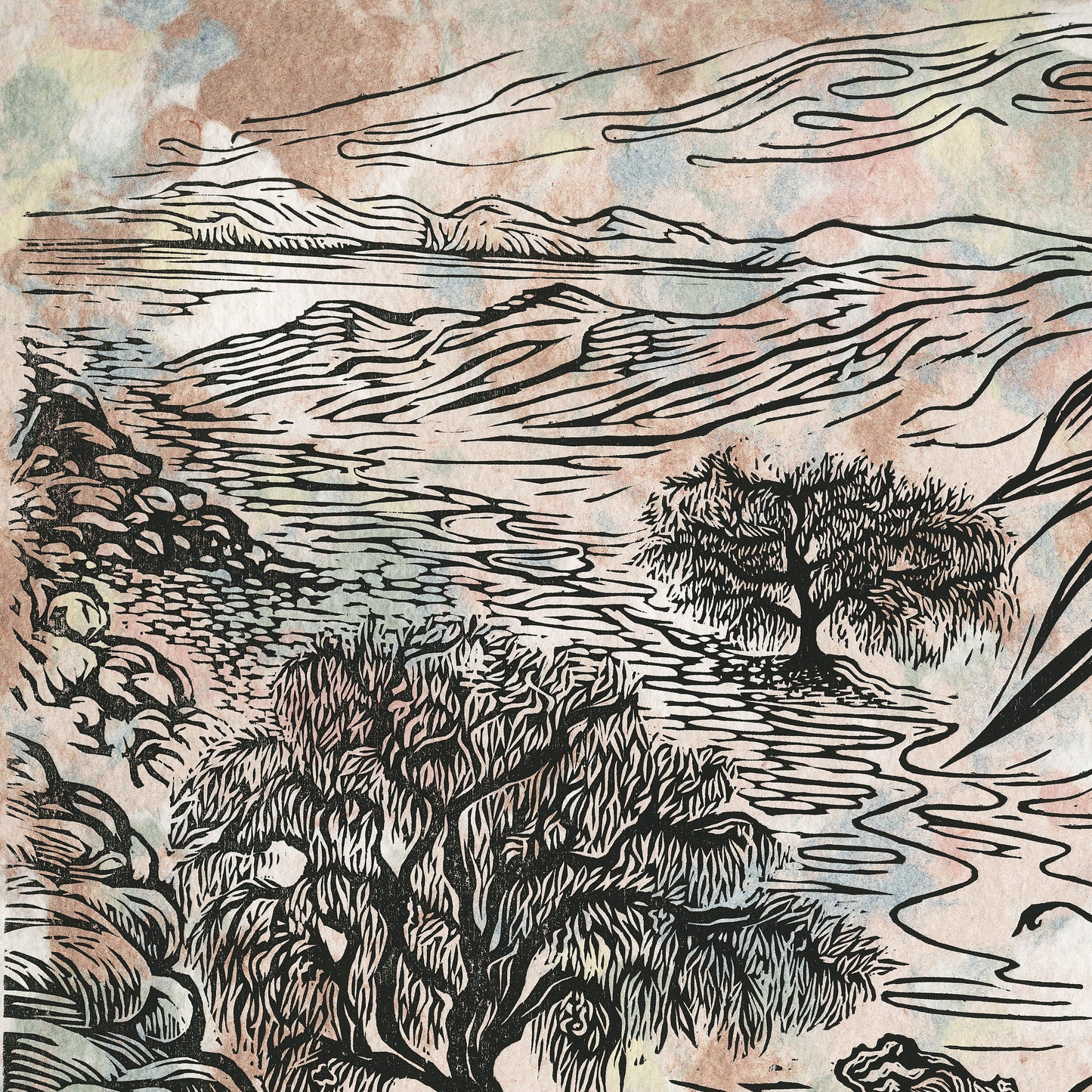 Desert Willow Trees Fine Art Print Woodcut Color River Wash Landscape