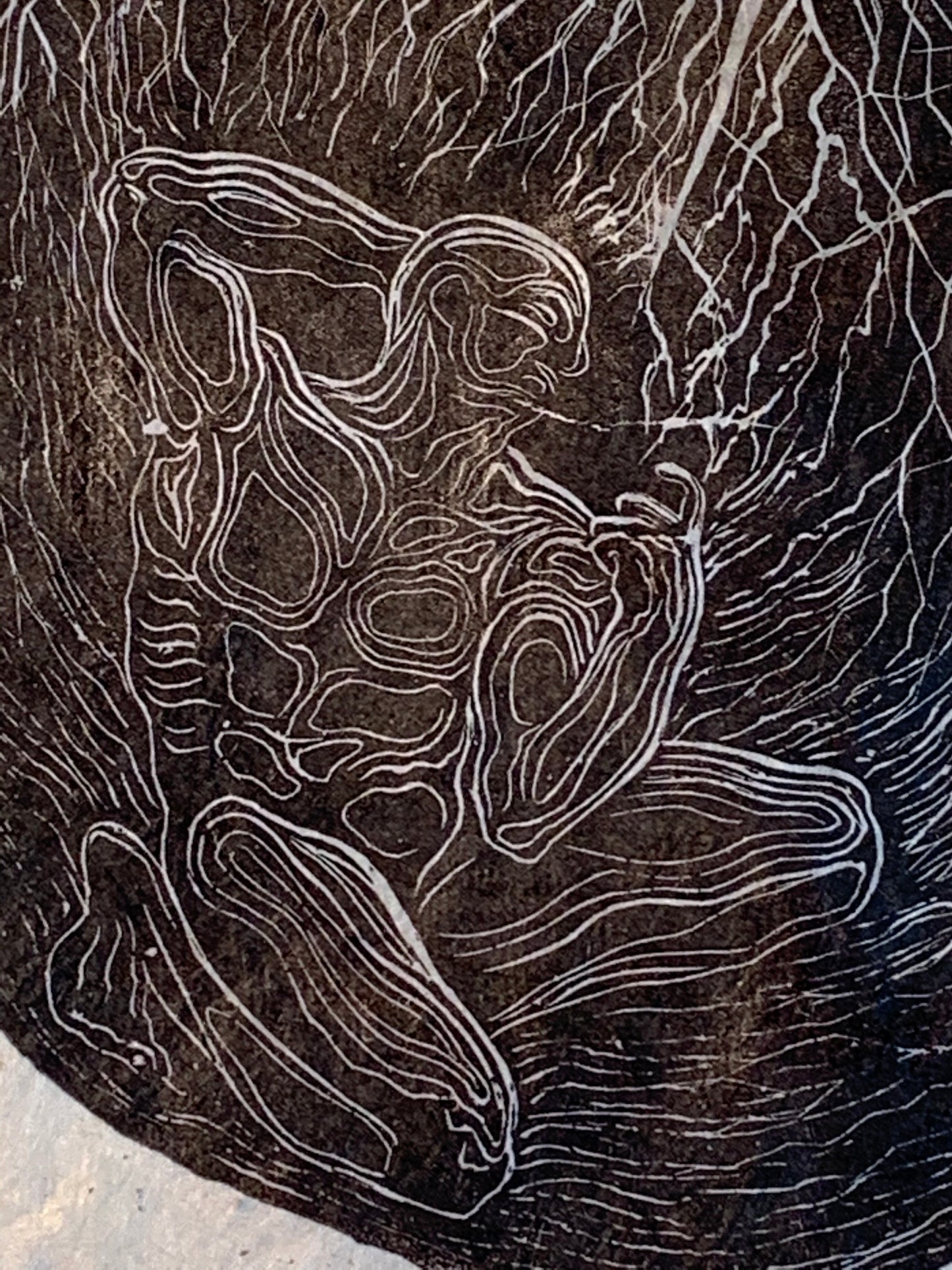 Storm Life of Tree Rings Original Wood Engraving Male in Storm Surreal