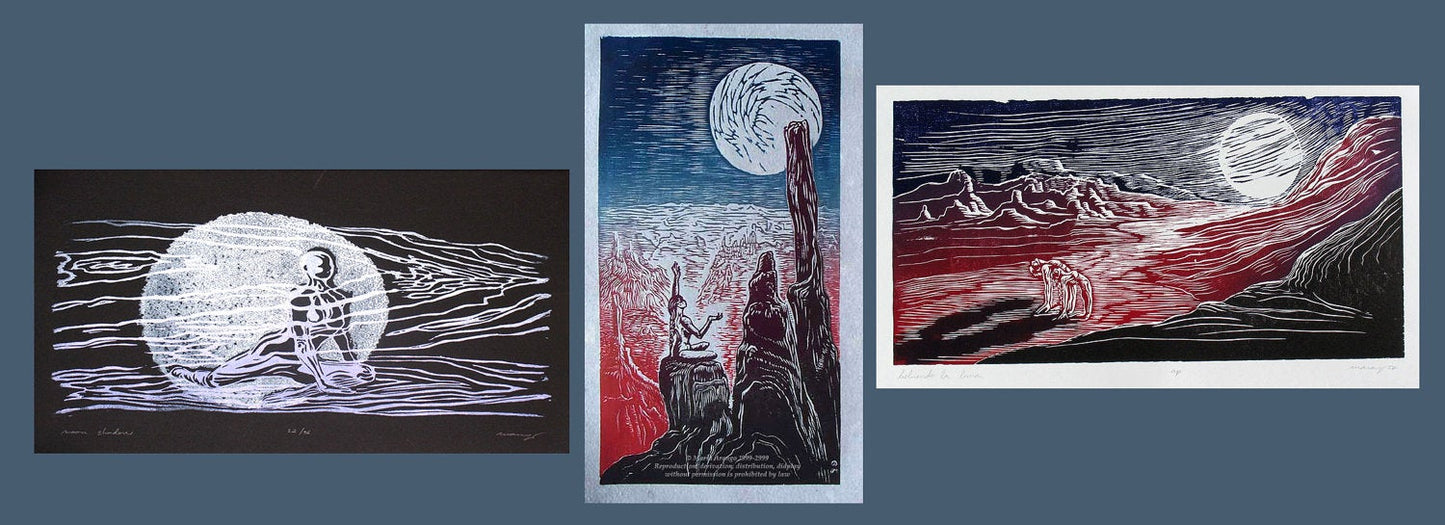 Matched Set of 3 Moon Lover Woodcuts Southwest Night Sky Surreal Nature Figures