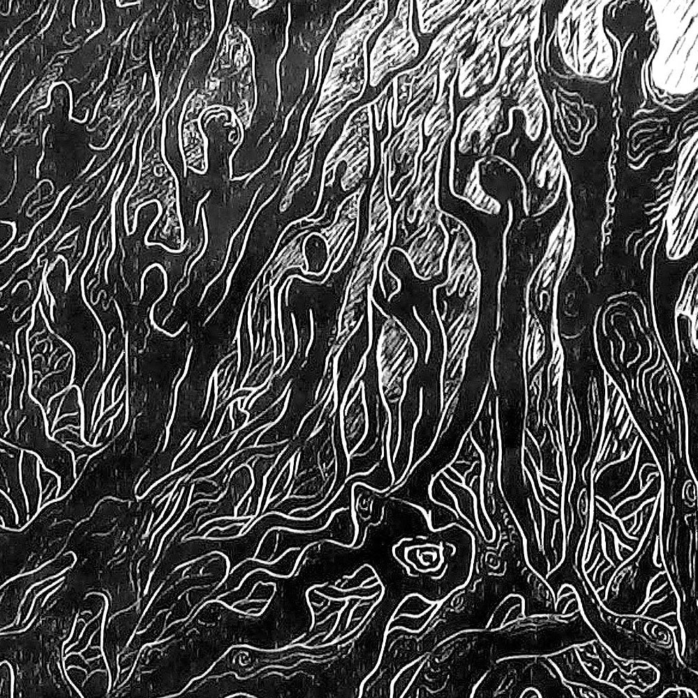 Original Woodcut Print Light Seekers Large Figurative Art 24x36 Fantasy Forest