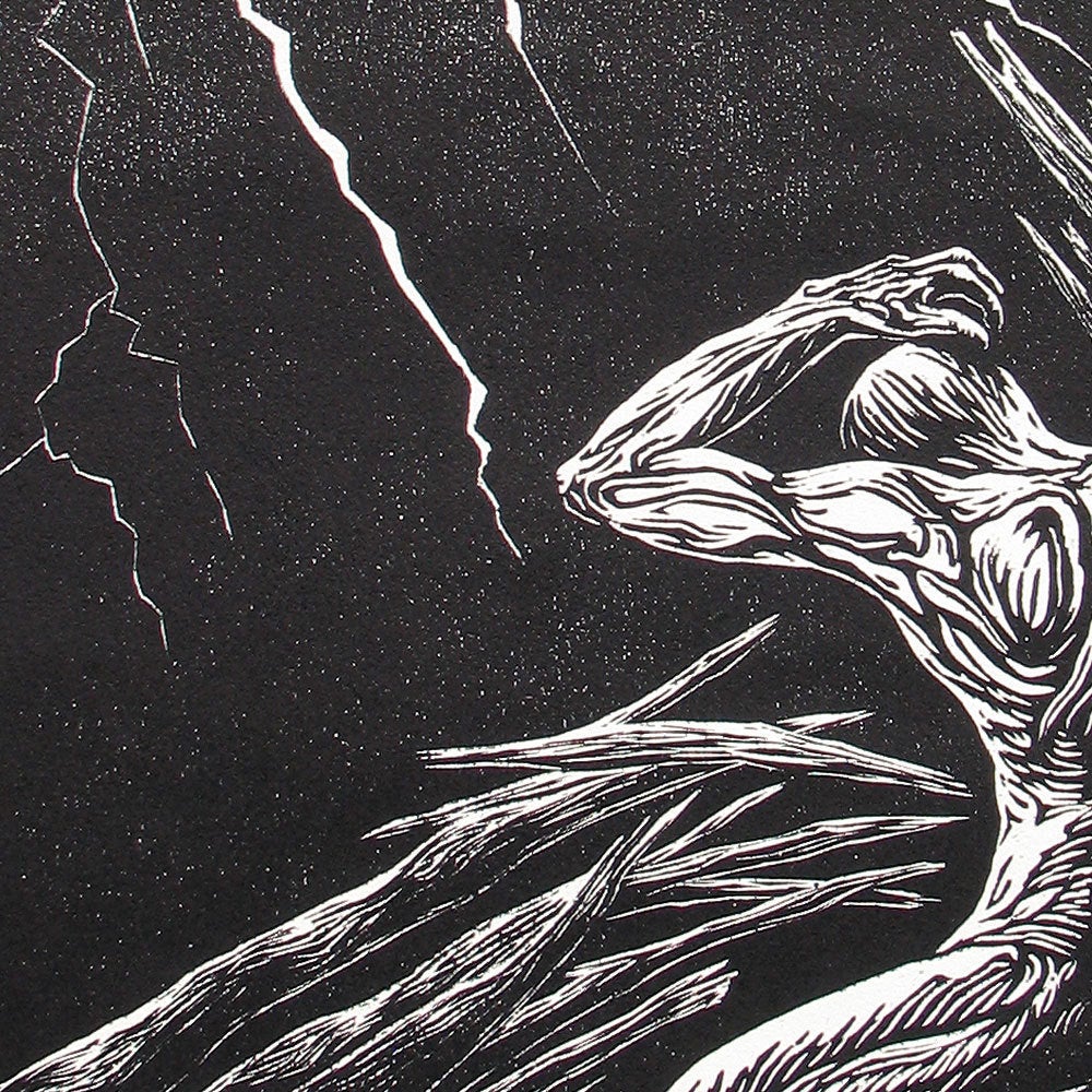 Original Woodcut Print Classic Black White Male Model Pose Tree Struck by Lightning Night