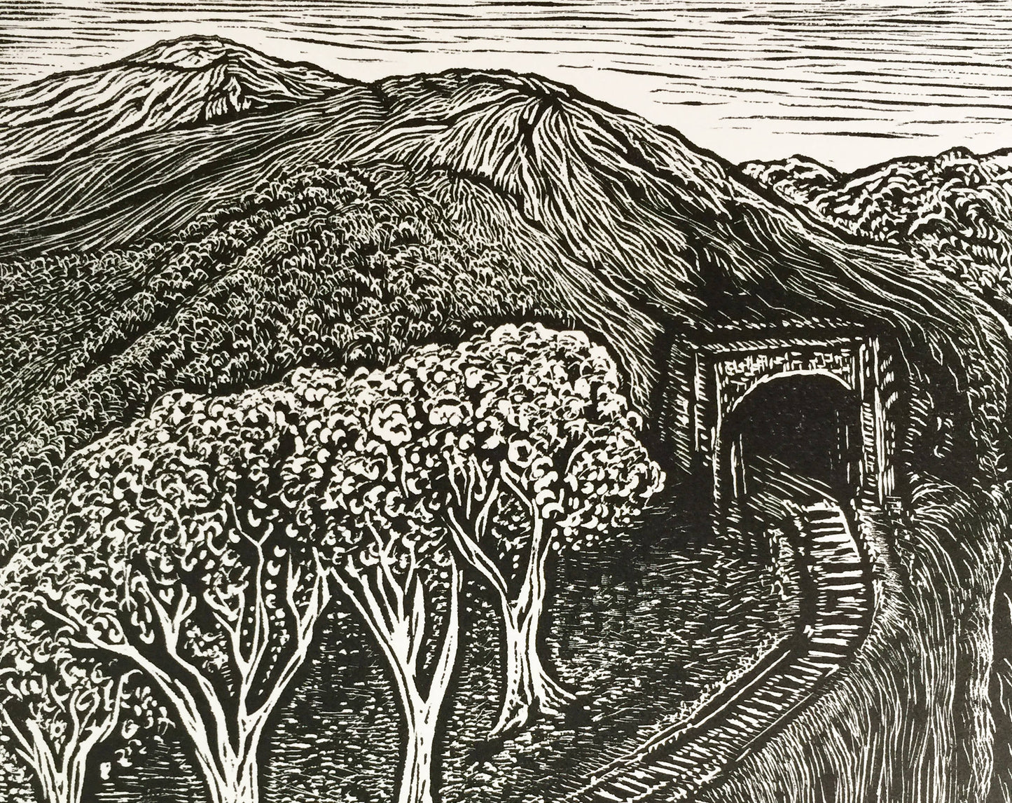 Crossing Paths Original Wood Engraving Road River Railroad Travelers Landscape