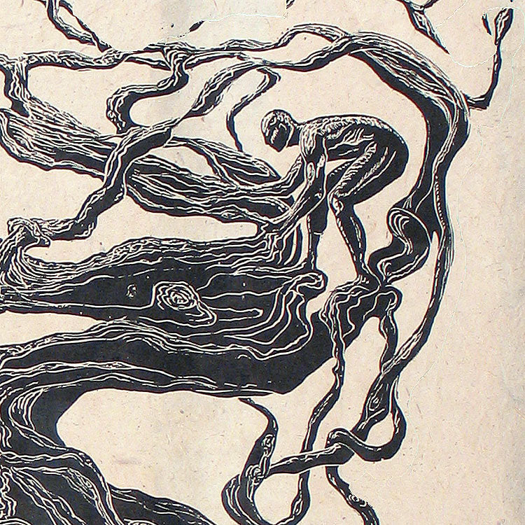 Original Woodcut Large Handmade Paper Surreal Male Figures Tangle Maze Tree Roots Branches