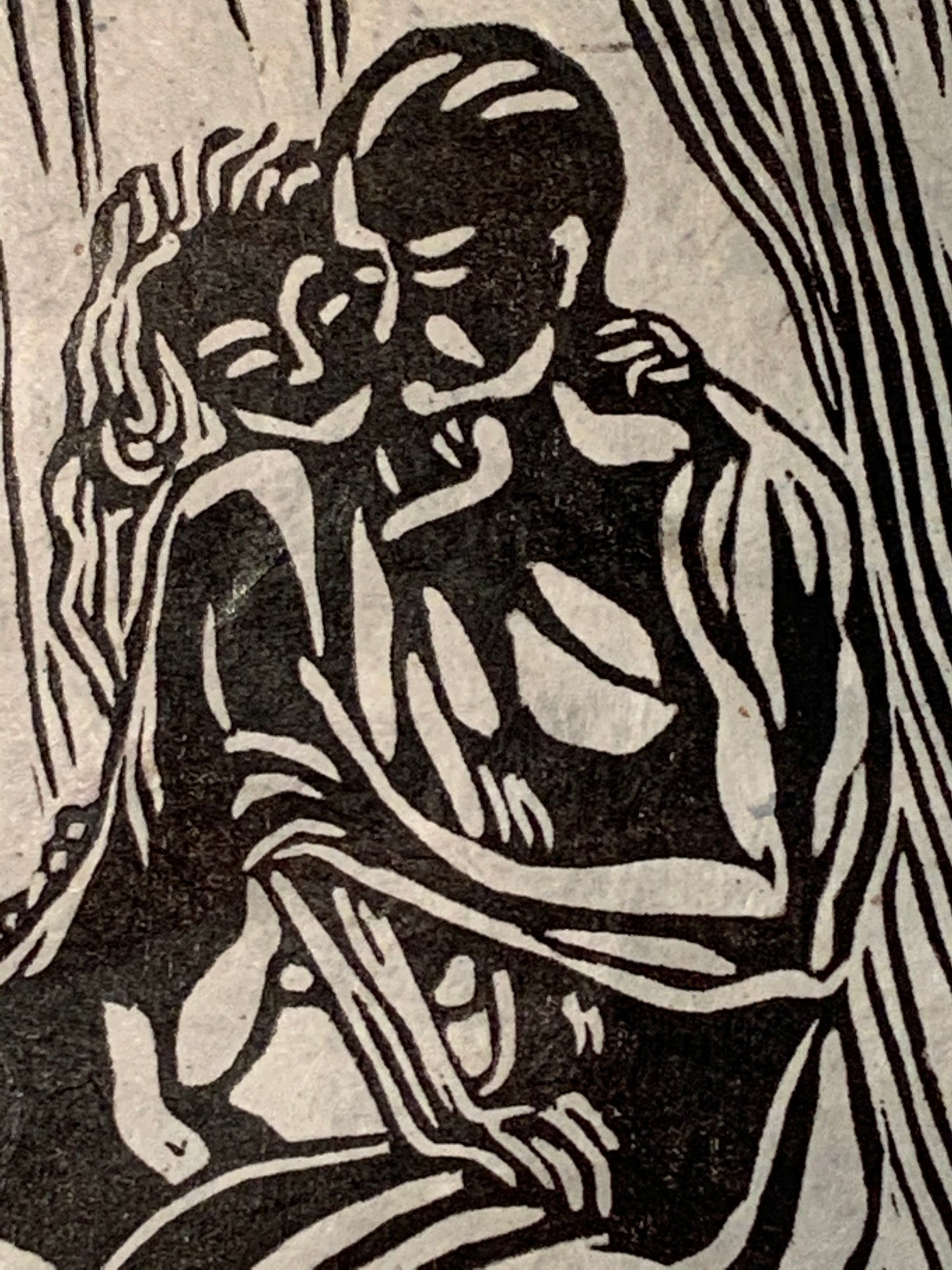 Original Woodcut Print Tender Embrace Classic Figures Couple Hug