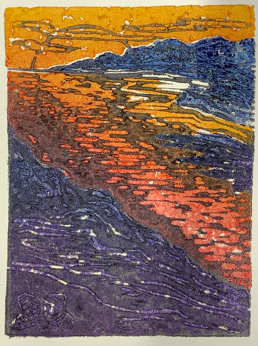 Puesta del Sol Bright Sunset Lake Color Original Cork Relief Print Landscape