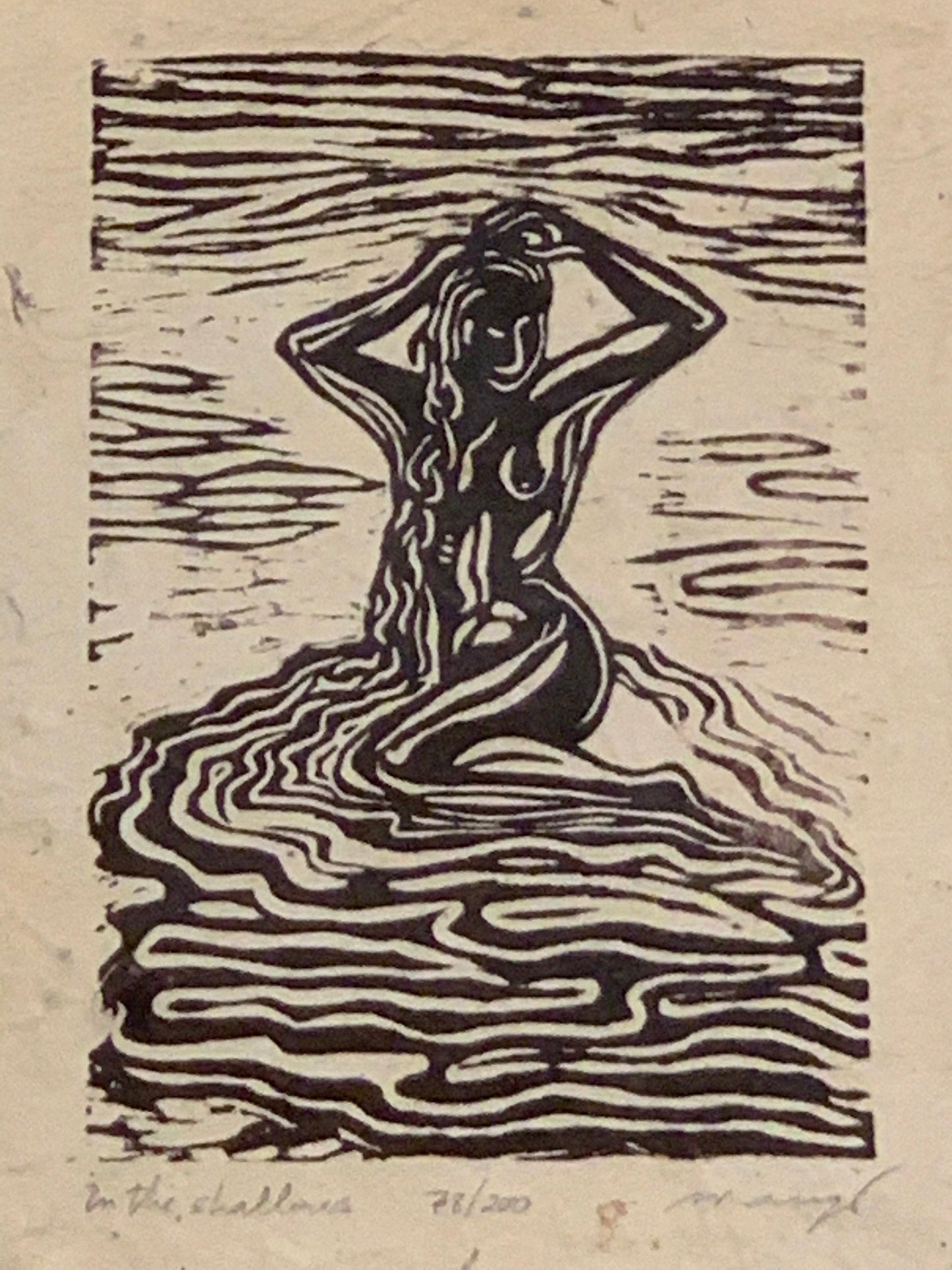 Woodcut Original Print Woman Bathing Washing Hair Classic Beauty Water HM Paper