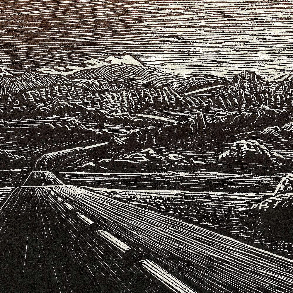 Original Earthtone Wood Engraving Out Early Southwest Desert Road