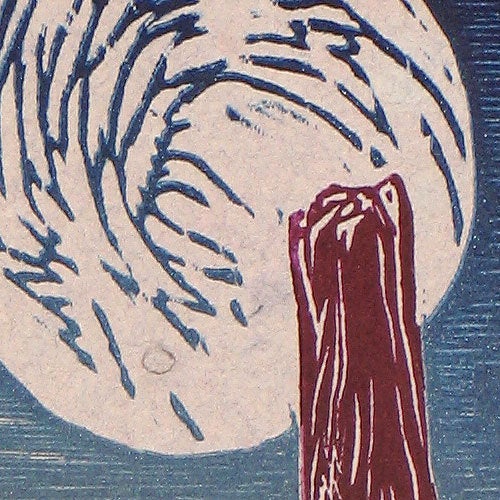 Original Color Woodcut Print Art Blue Moon Woman Yoga Desert Southwest Landscape